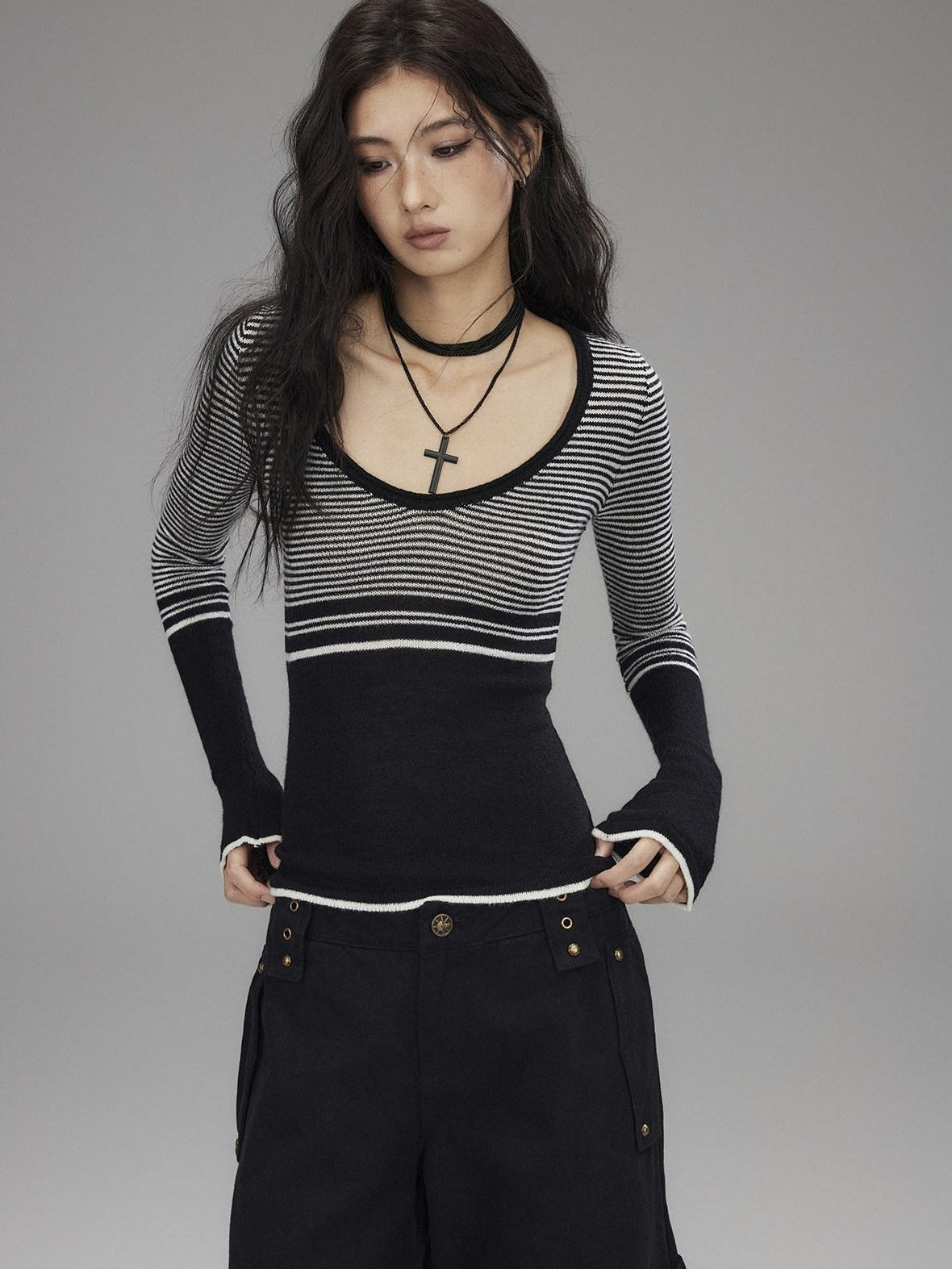 Soft Acrylic Slim V-neck Striped Casual Women Everyday Long Sleeve T-Shirts