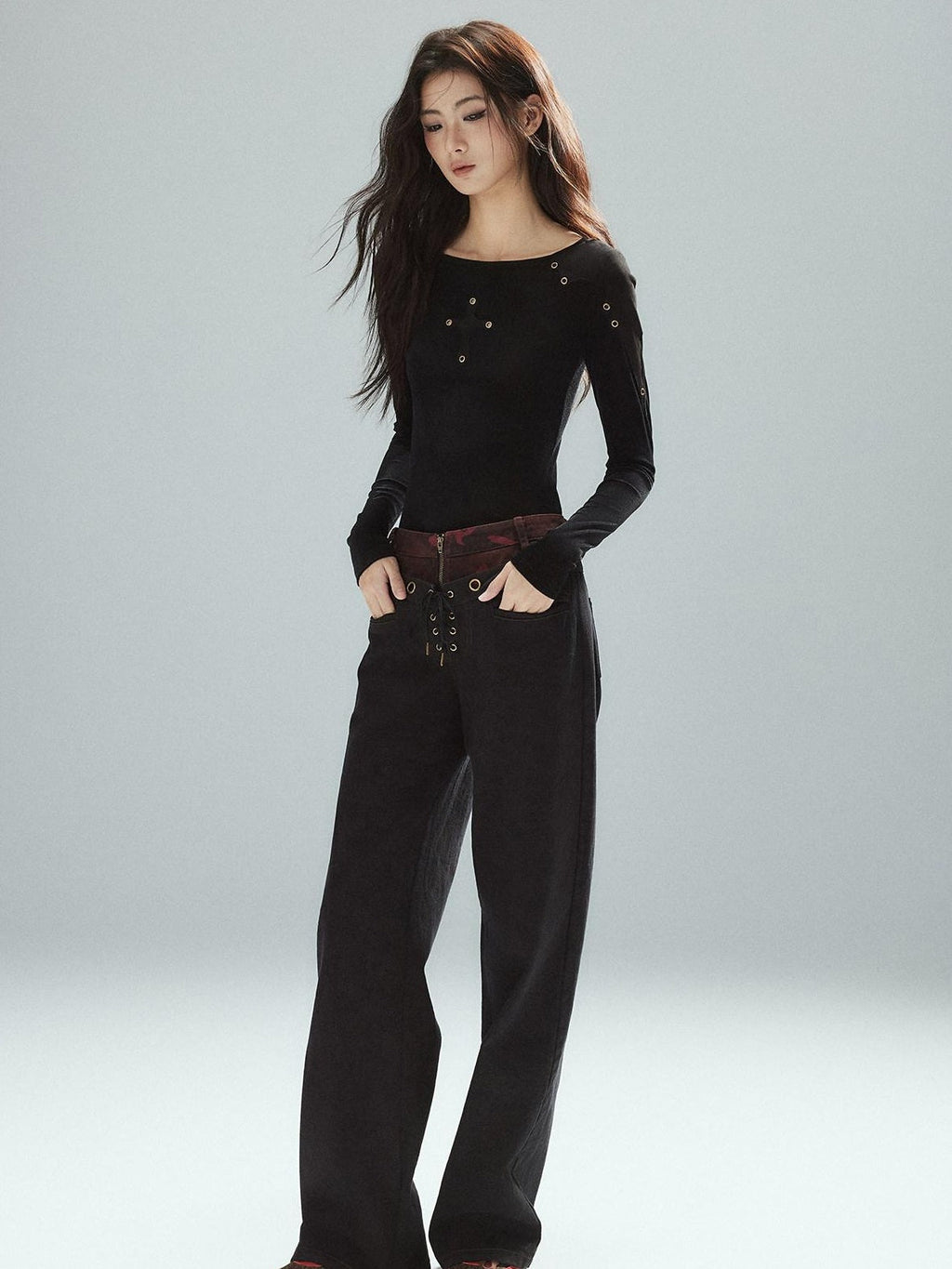 Slim Fit Patchwork Casual Crewneck Black Stretch Young Women Long Sleeve T-Shirts