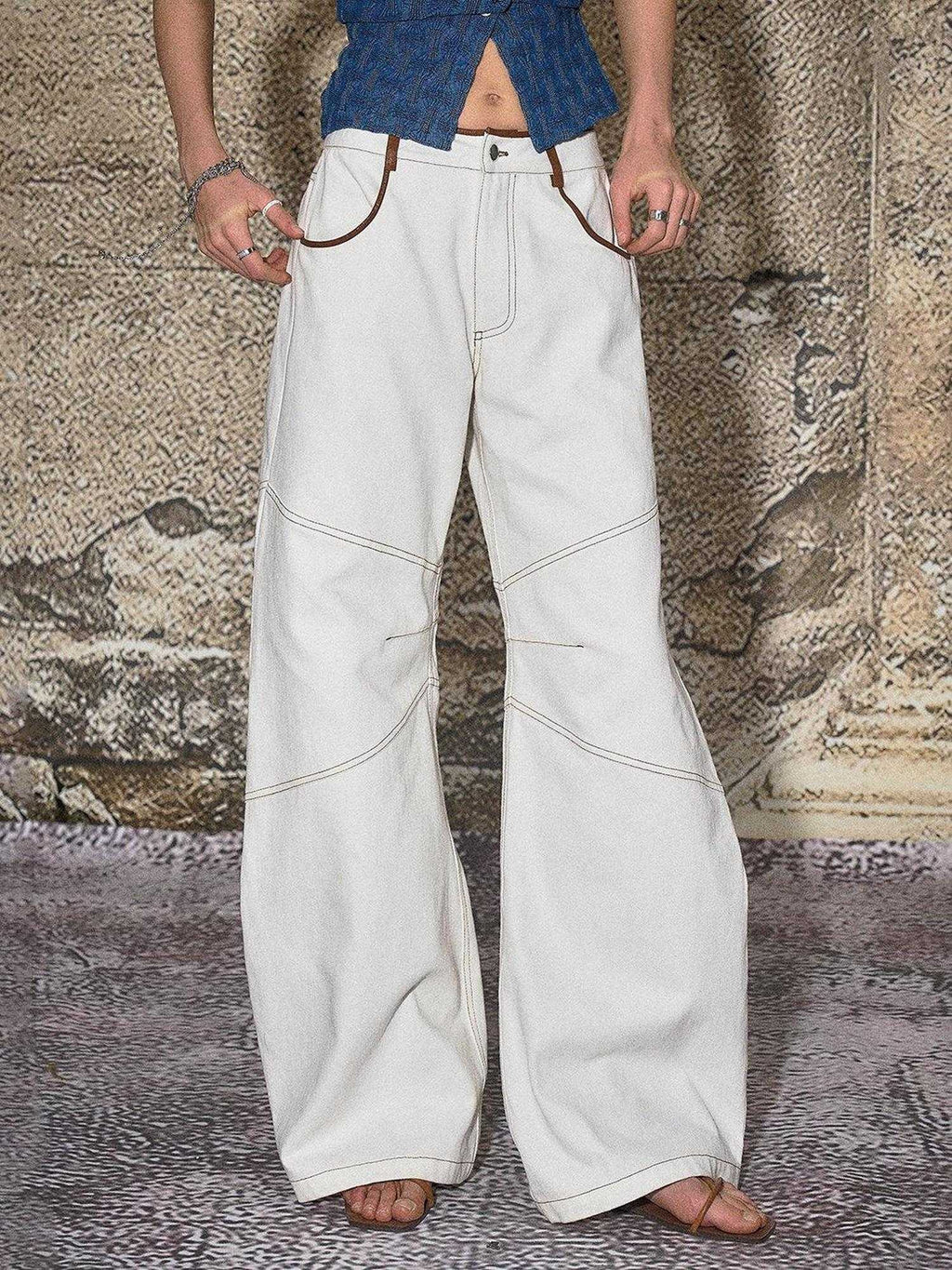 High Cotton Relaxed Distressed Low Rise White Denim Women Wide Leg Jeans