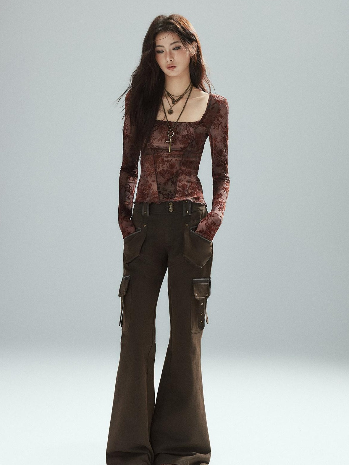 Slim Low Rise Cotton Flare Street Style Zipper Brown Women Cargo Pants