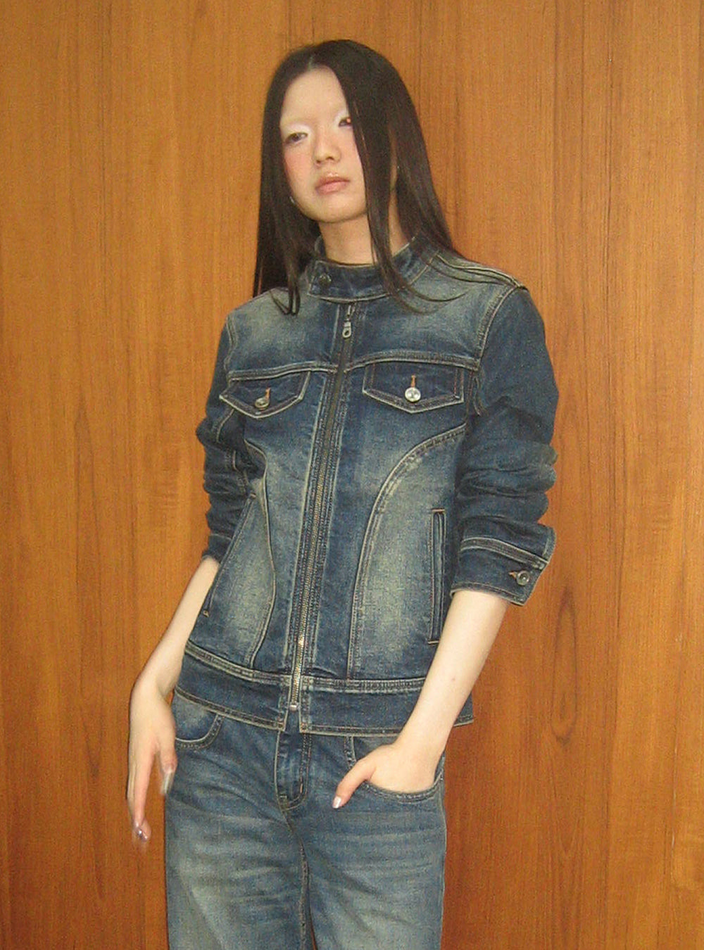 Vintage Wash Stand Collar Denim Jacket