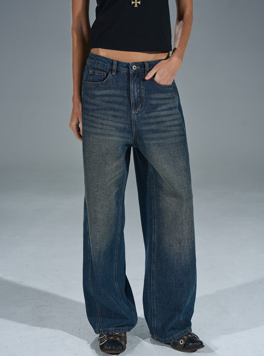 Blue-Gray Textured Straight Distressed Jeans