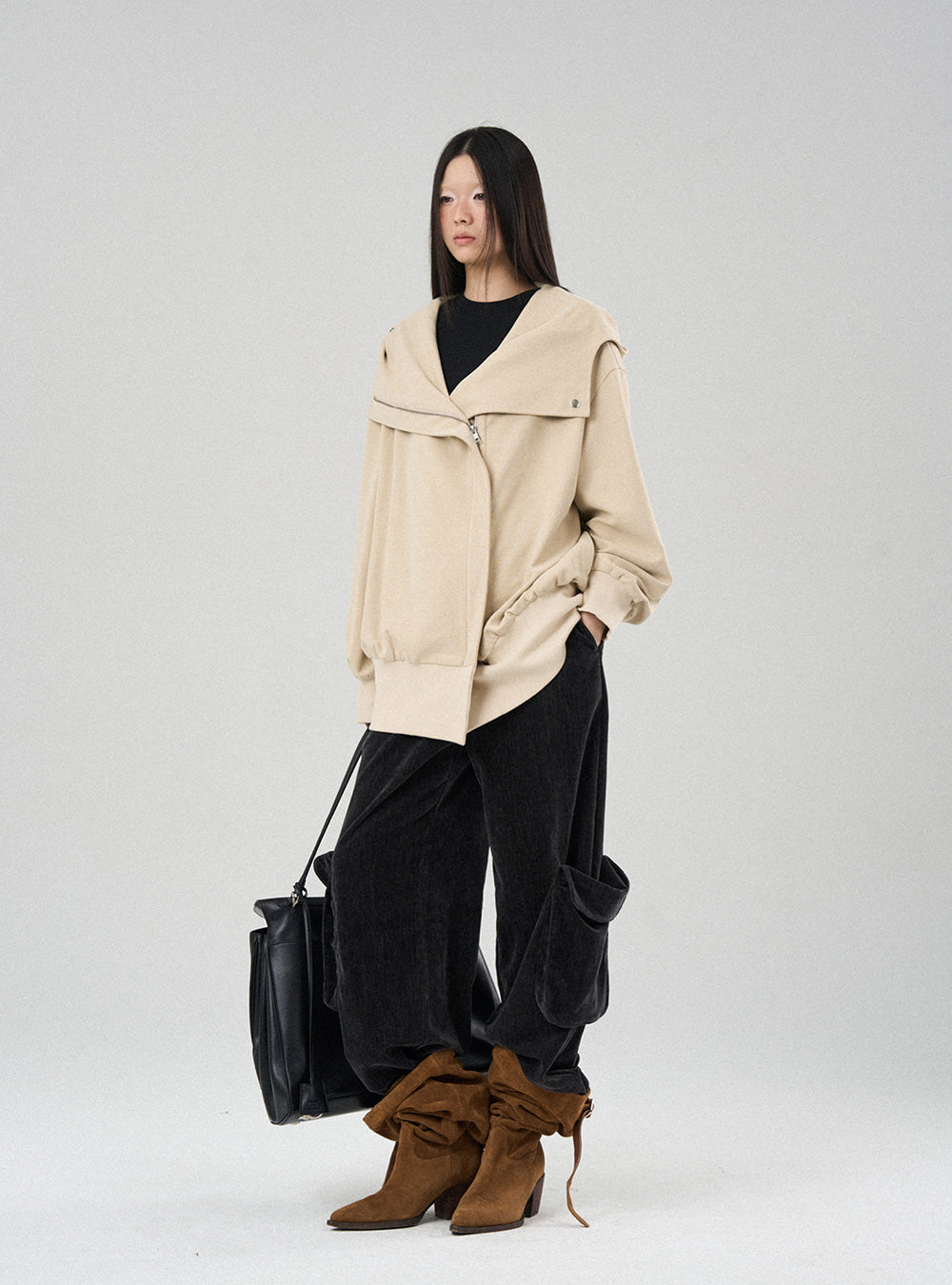 Wide Collar Zip-Up Hoodie (2color)
