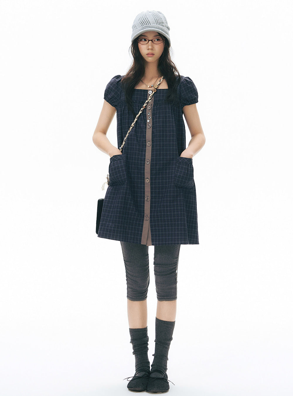 Midnight Check Puff Mini Dress