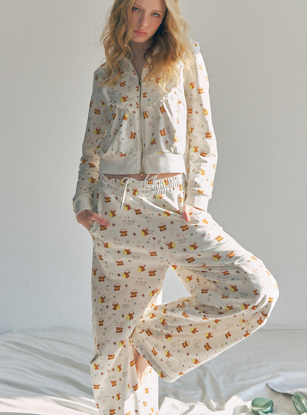 Mini Bear Print Zip-Up Hoodie