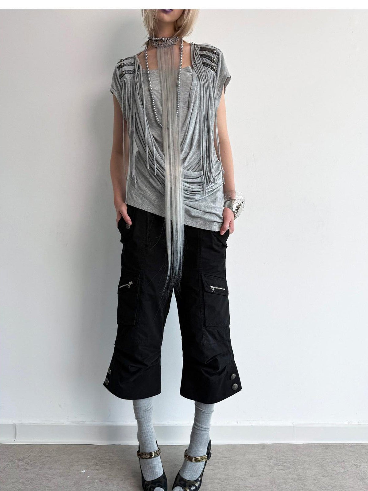 Vintage Biker Washed Cargo Women'S Cotton Flare Cropped Pants