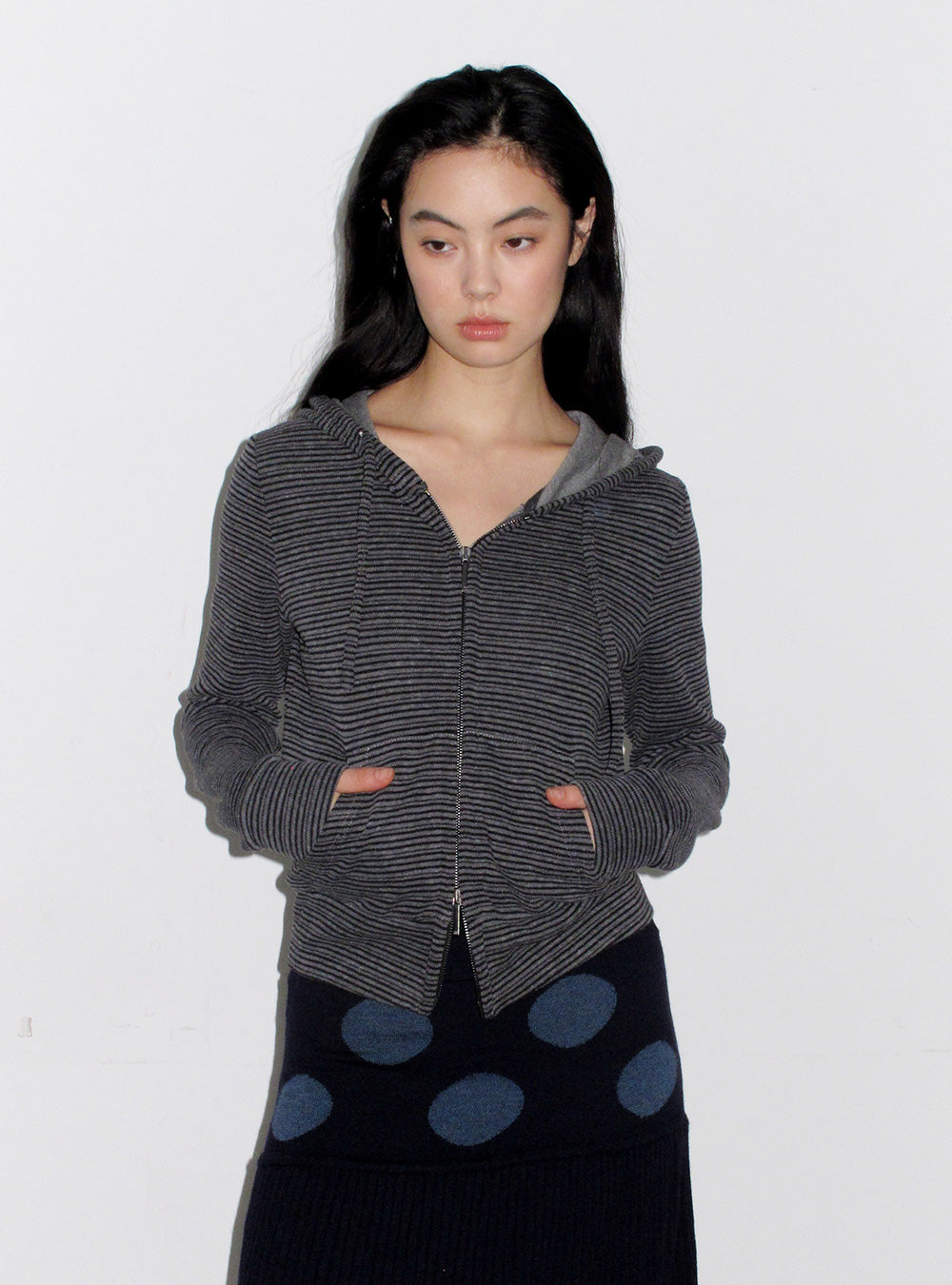 Basic Cropped Striped Hooded Jacket (2color)