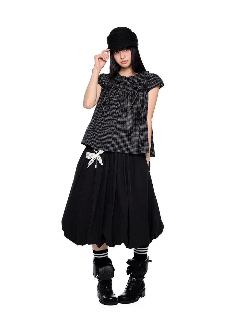 Petal Doll Check Ribbon Blouse Top