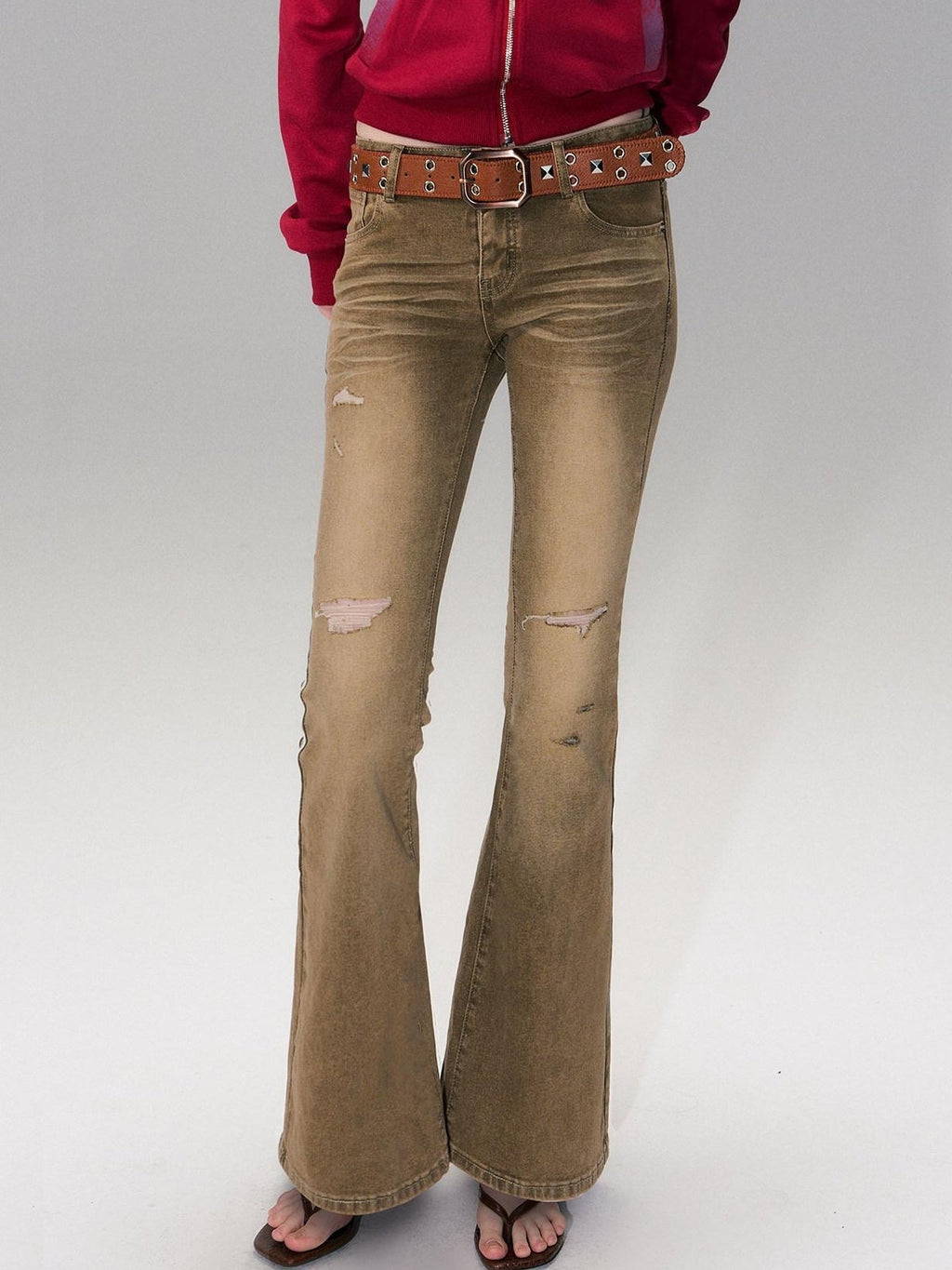 Brown Washed Low Rise Ripped Sexy Slim Fit Cotton Slight Stretch Womens Jeans