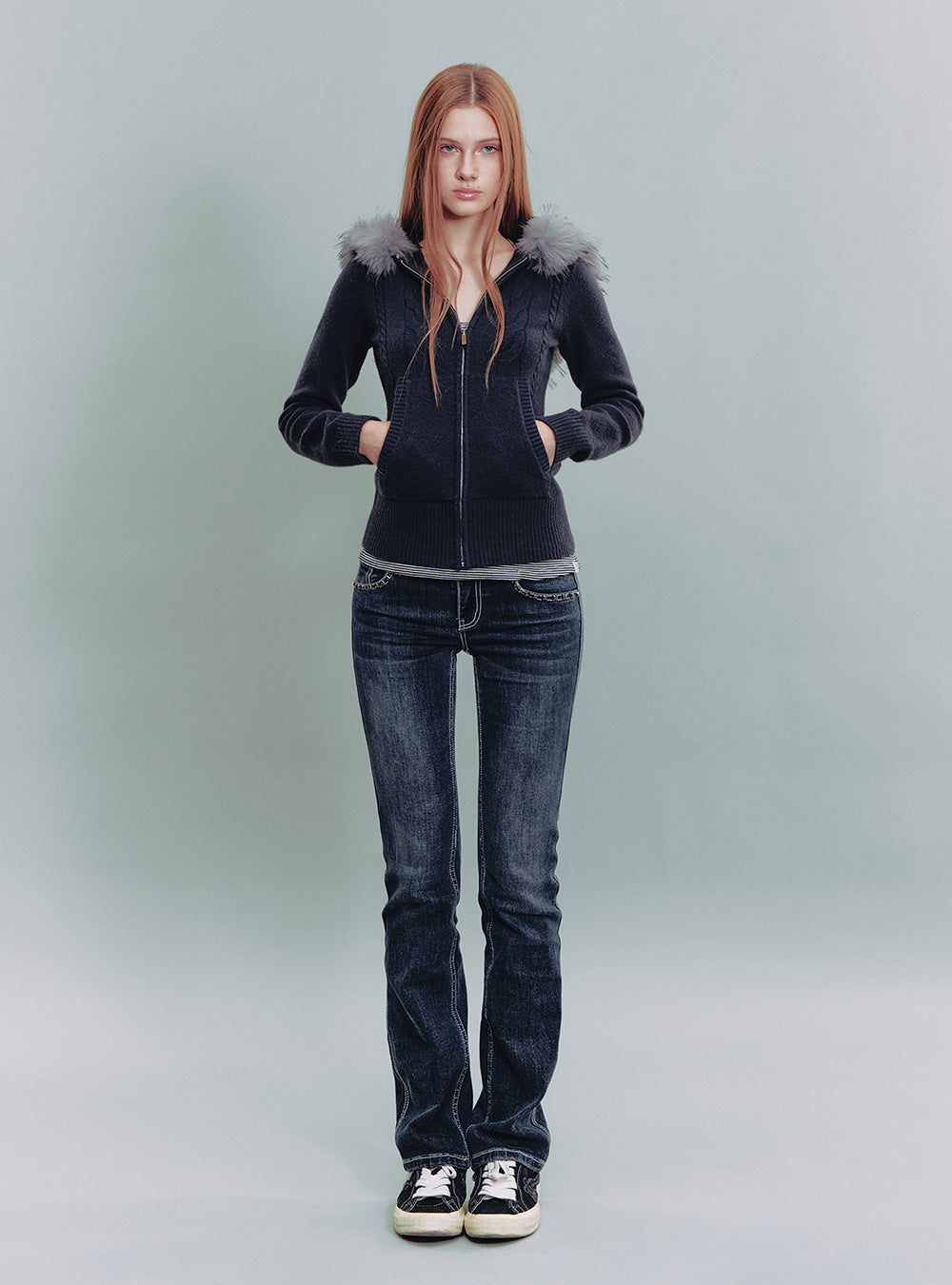 Navy Fur Hooded Zip-Up Knit Jacket