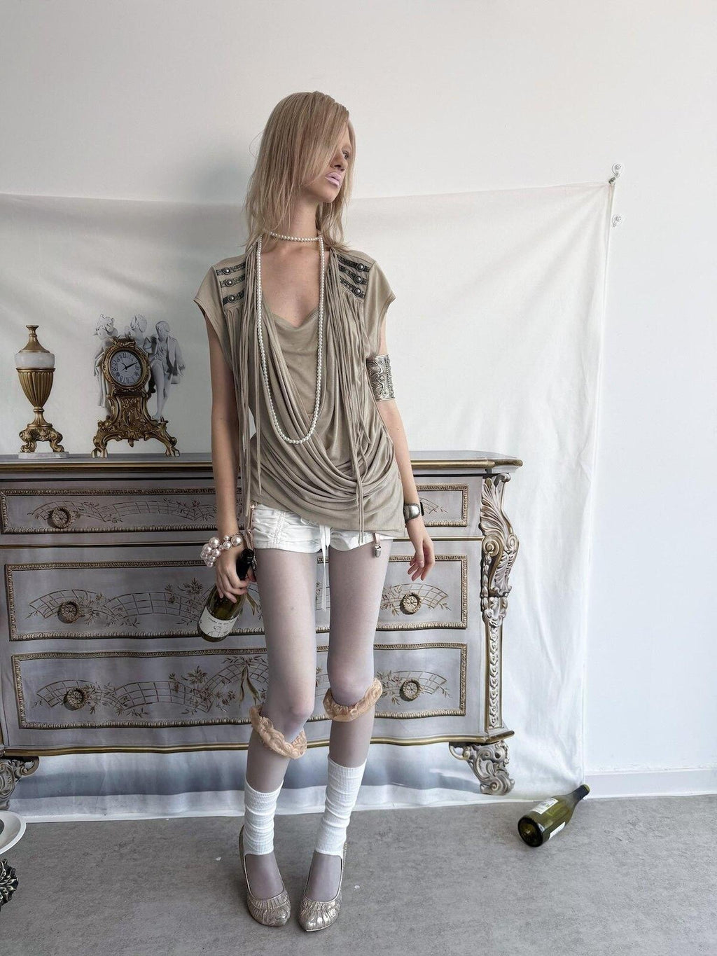 Desert Sand Asymmetric Draped Tassel Knit Women'S Lyocell Short Sleeve T-Shirts