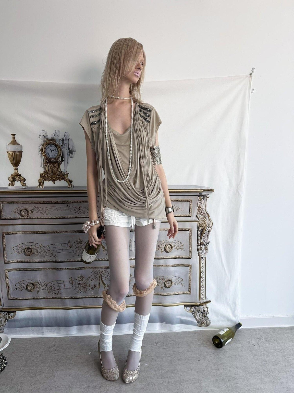 Desert Sand Asymmetric Draped Tassel Knit Women'S Lyocell Short Sleeve T-Shirts