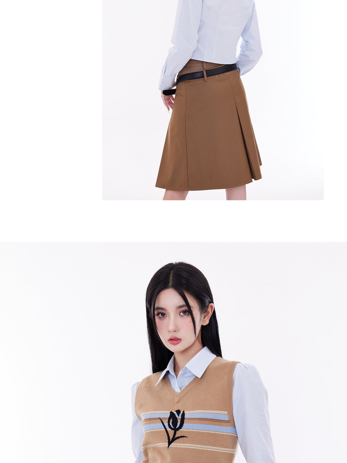 Double Waistband Wide-Pleat A-Line Skirt