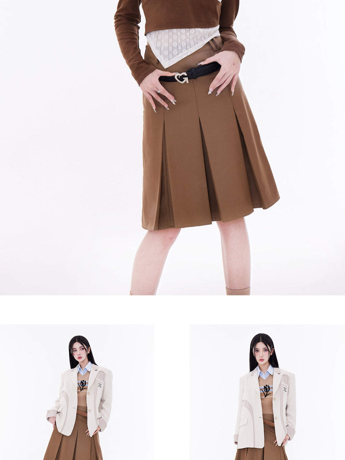 Double Waistband Wide-Pleat A-Line Skirt