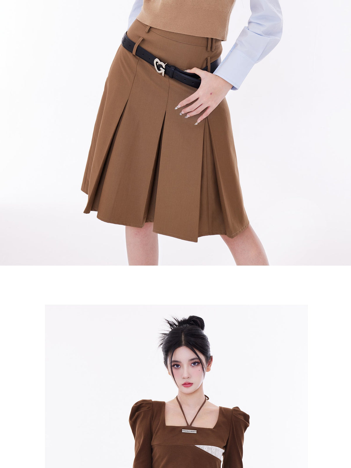 Double Waistband Wide-Pleat A-Line Skirt
