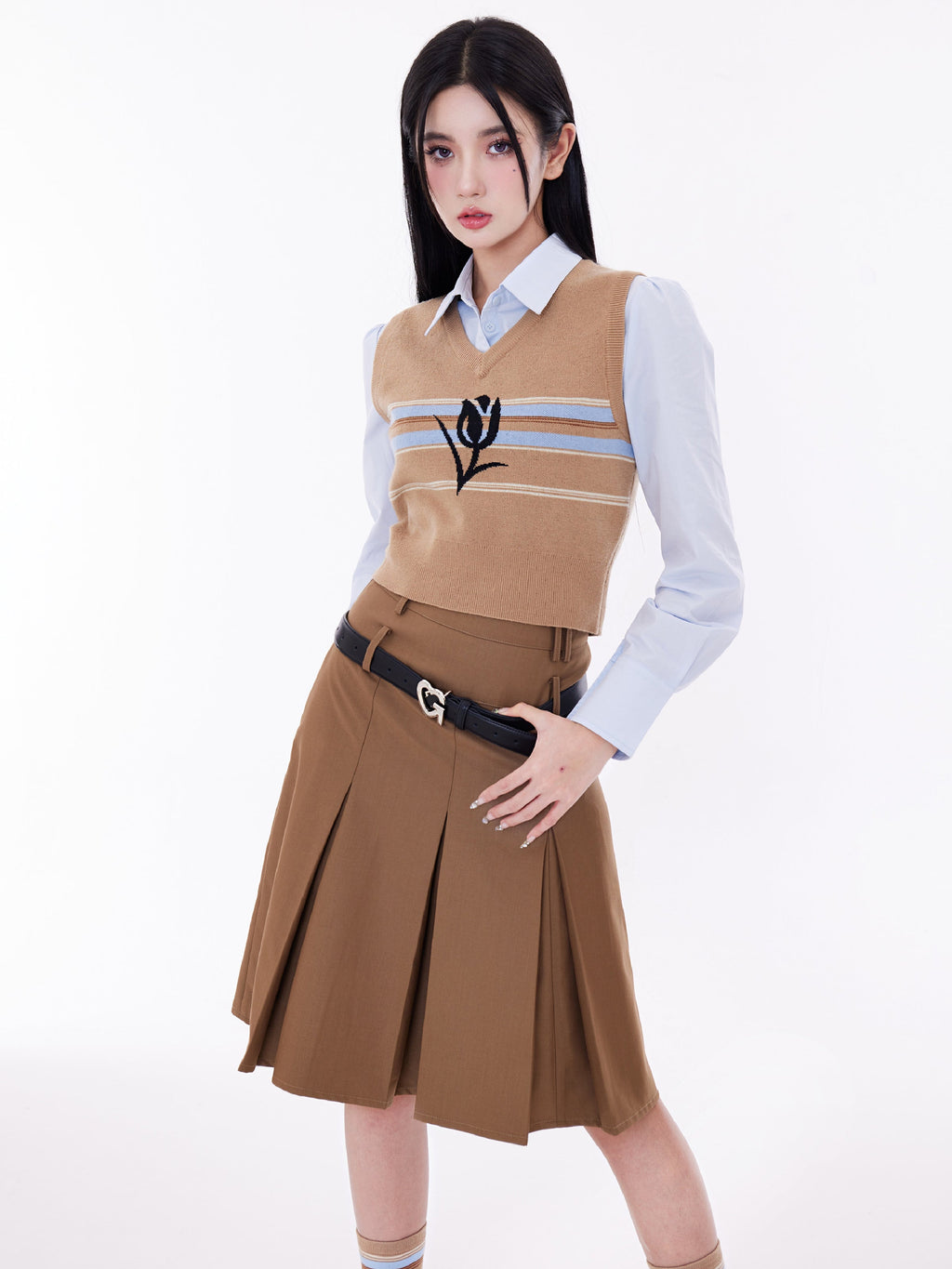 Double Waistband Wide-Pleat A-Line Skirt