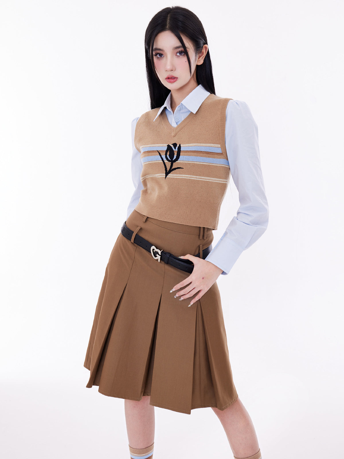 Double Waistband Wide-Pleat A-Line Skirt