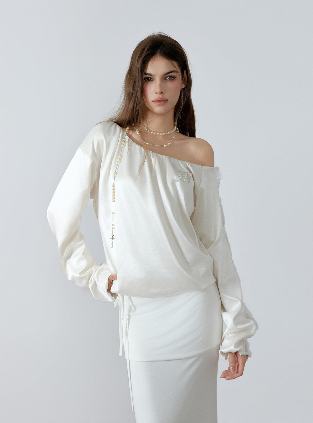 Matte Satin One-Shoulder Lace Top