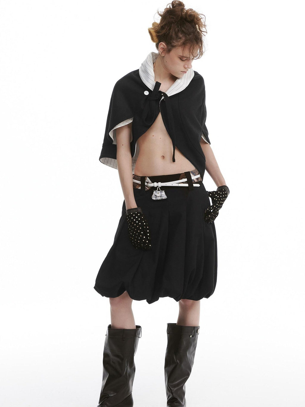 Cute Bow Plaid Cropped Lapel Top High Waist Skirt Unisex Top & Skirt Sets