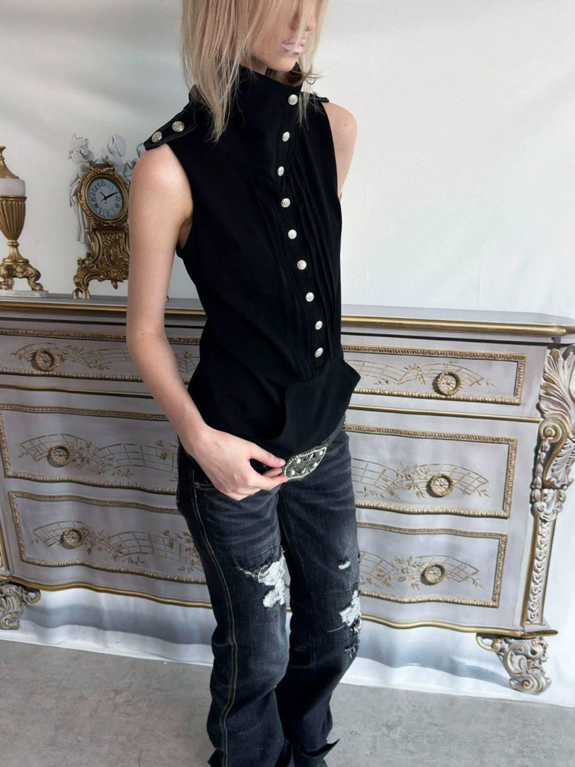 Metal Button Epaulet Convertible Half High Neck Women'S Cotton Blend Tank Tops
