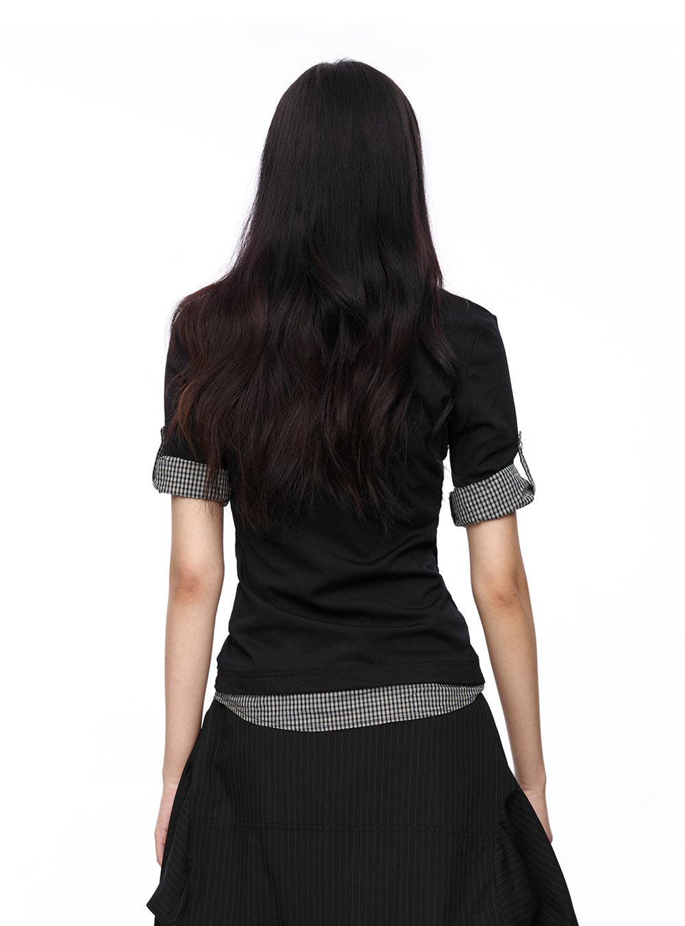 Checkered Patchwork Polo Short Sleeve Top