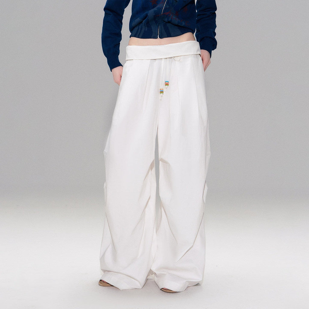 Cotton Blend Vintage Curved Cut Natural Waist Women White Wide Leg Pants