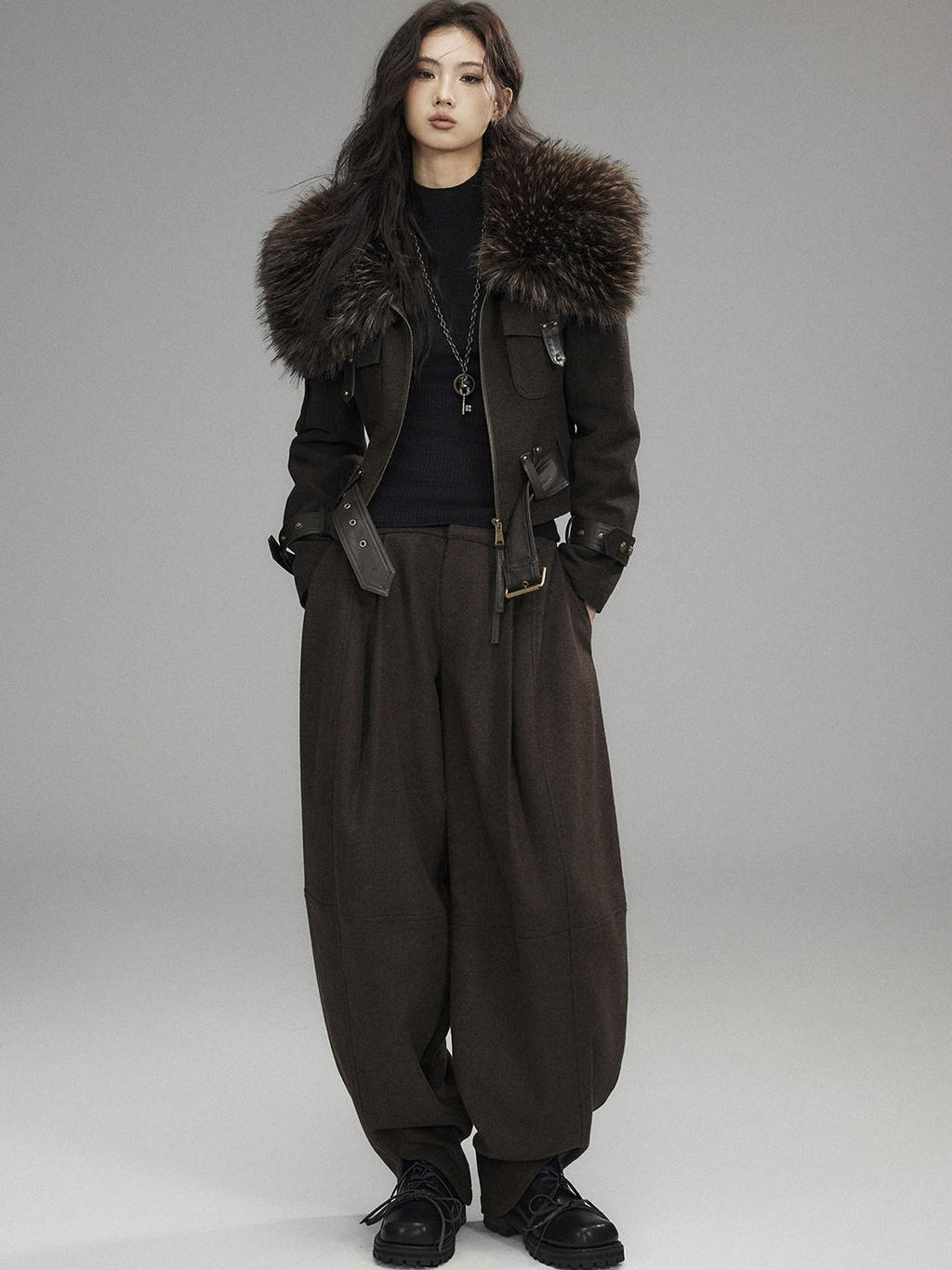 Thick Wool Blend Slim Fit Sexy Lapel Zipper Brown Everyday Women Cropped Jackets