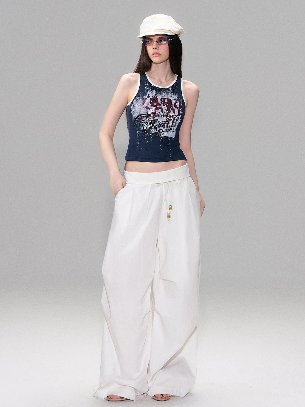 Cotton Blend Vintage Curved Cut Natural Waist Women White Wide Leg Pants