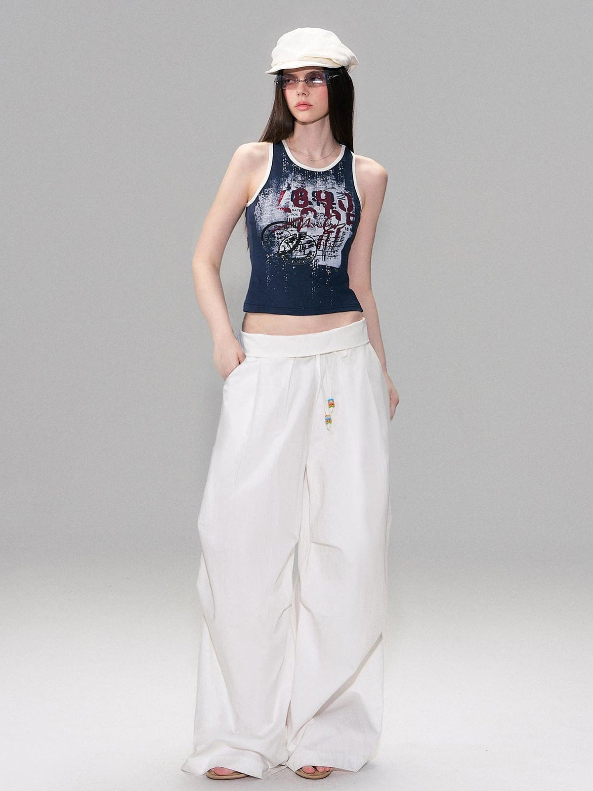 Cotton Blend Vintage Curved Cut Natural Waist Women White Wide Leg Pants
