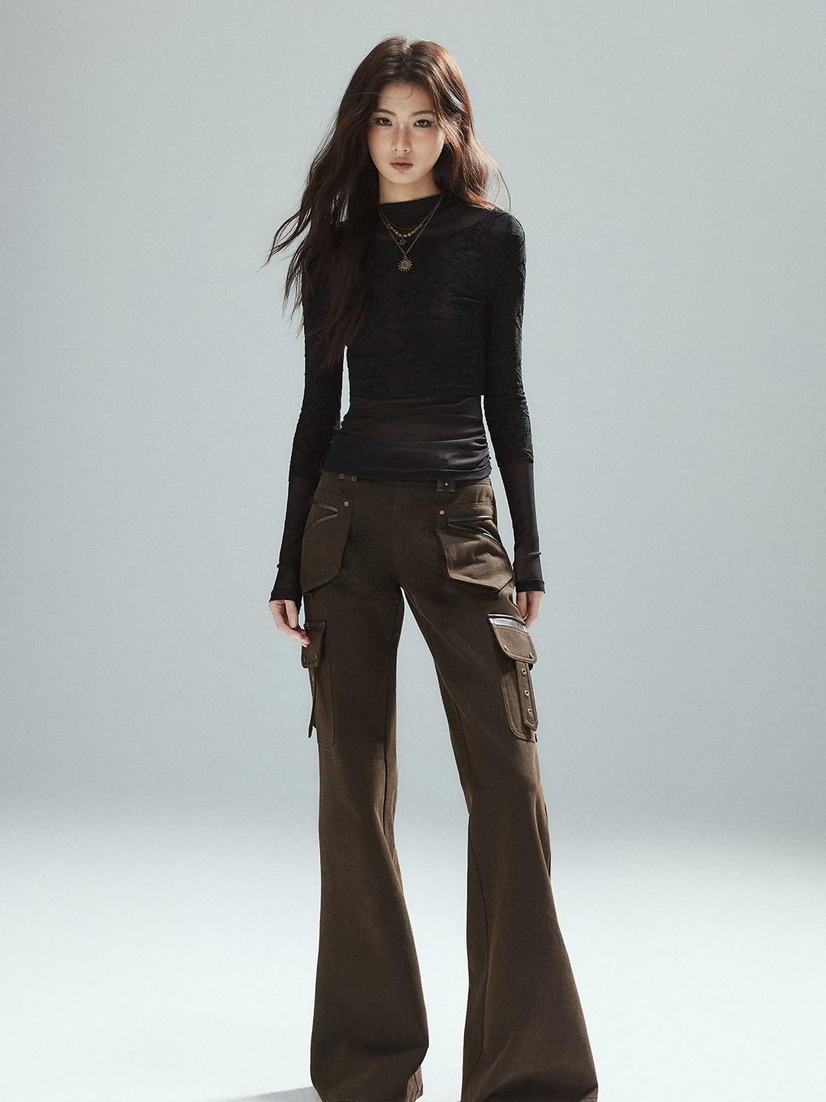 Slim Low Rise Cotton Flare Street Style Zipper Brown Women Cargo Pants