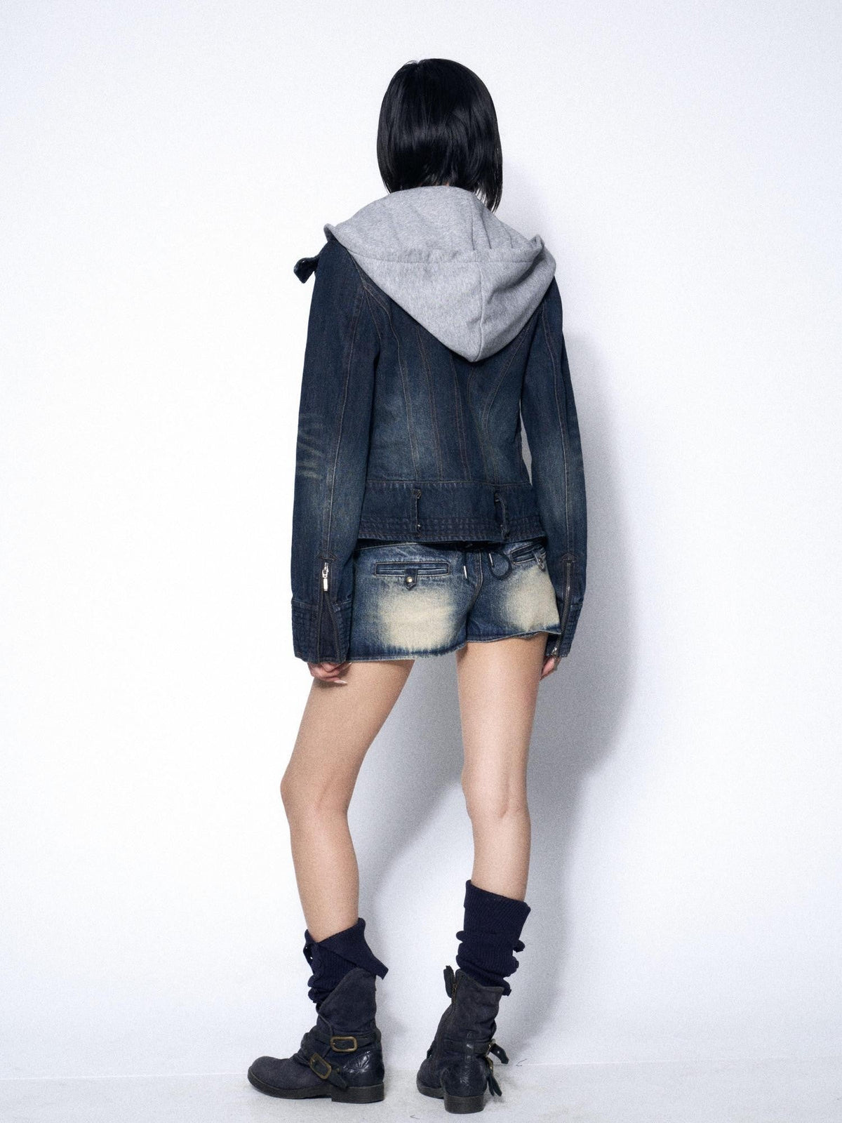 Washed Distressed Faux Two Piece Hooded Zip Front Slim Fit Women'S Denim Jackets