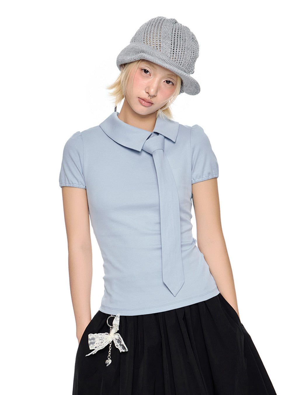 Tie Slim Fit Short Sleeve Top (2color)