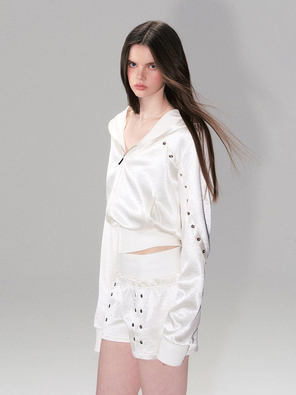 Cozy Cropped Two Piece Set Long Sleeve High Waist Shorts Women Solid Hoodie