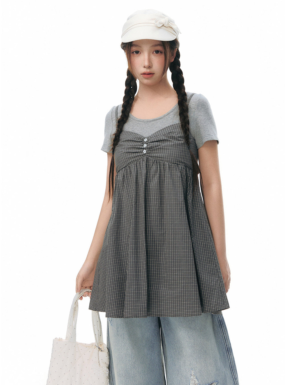 Star Button Check Layered Dress (2color)
