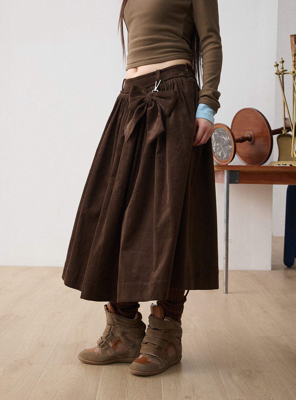Corduroy Ribbon Midi Skirt (2color)