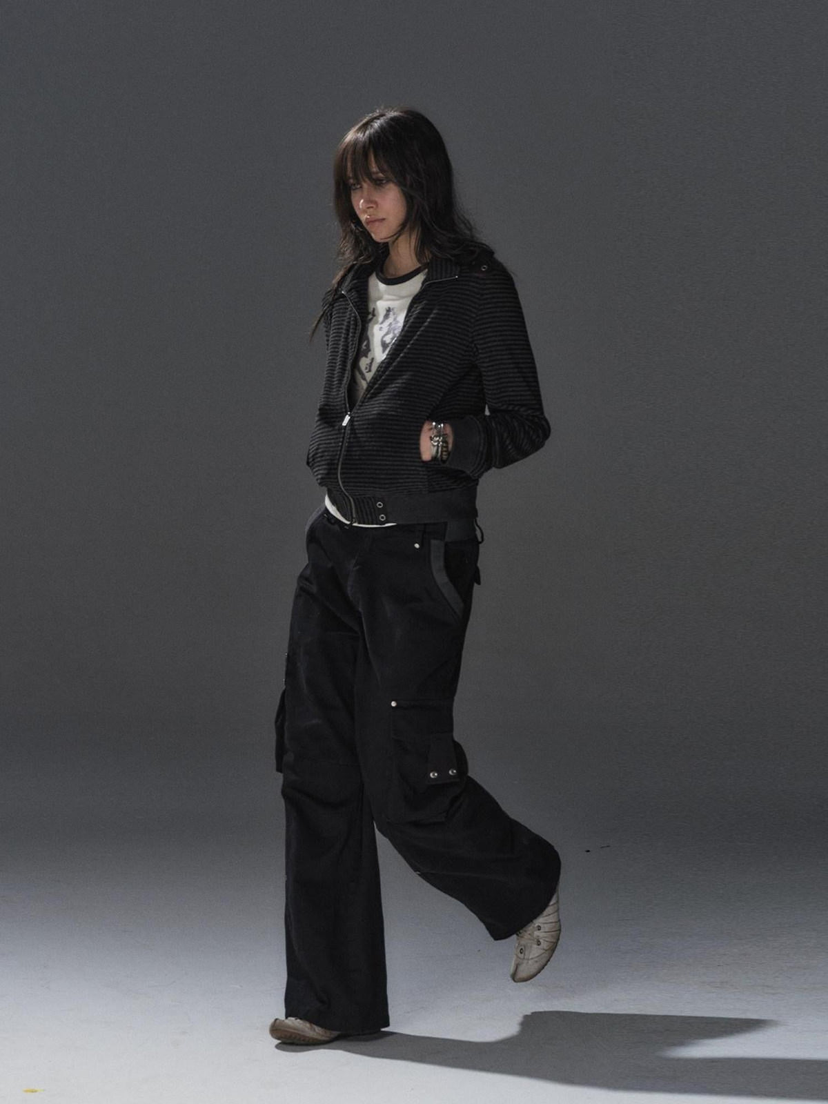Black Gray Striped Eyelet Tape Splice Punk Women'S Polyester Casual Jackets