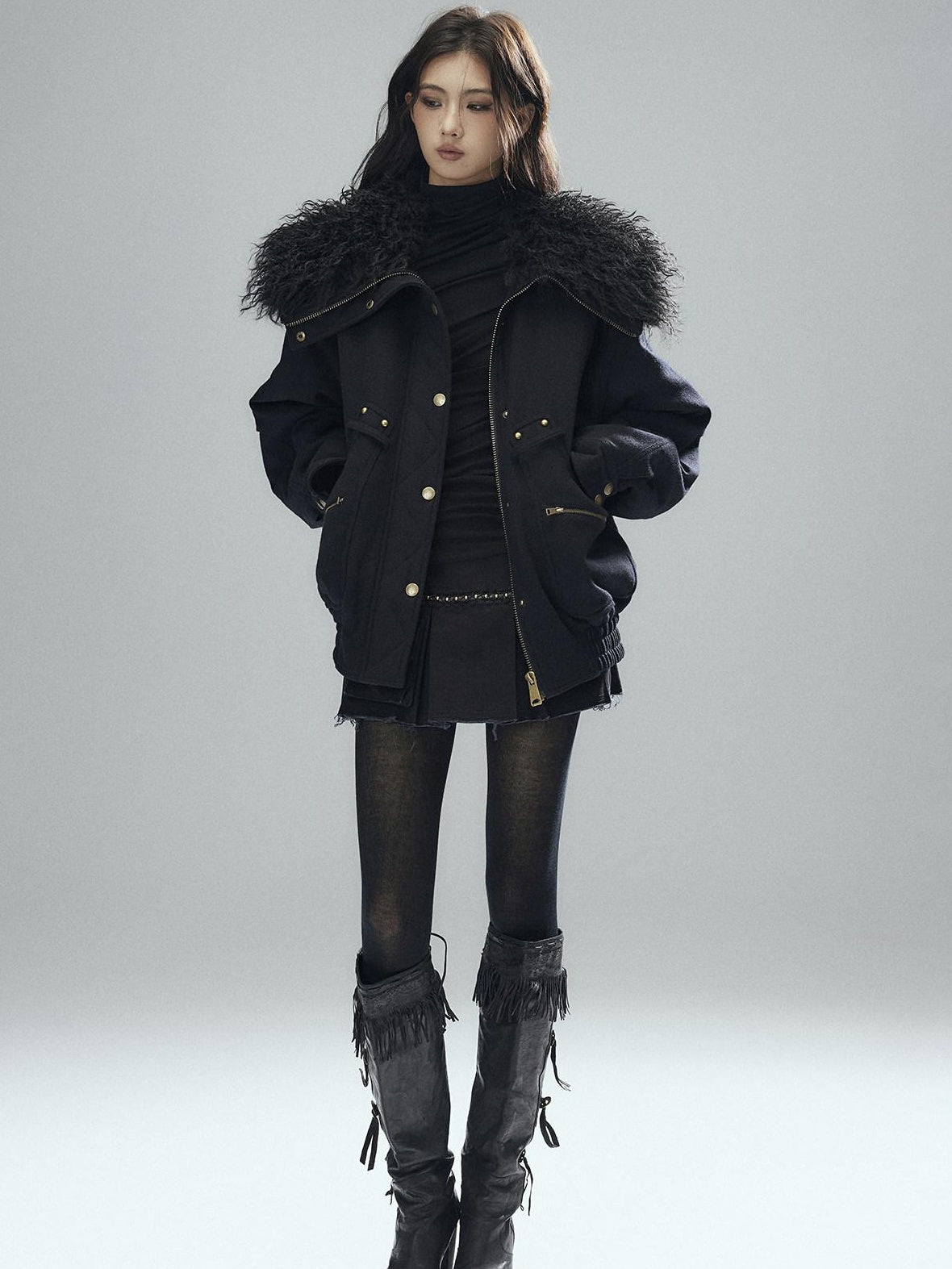 Thick Wool Blend Multi Pocket Loose Fit Sexy Girl Black Zipper Cropped Jackets