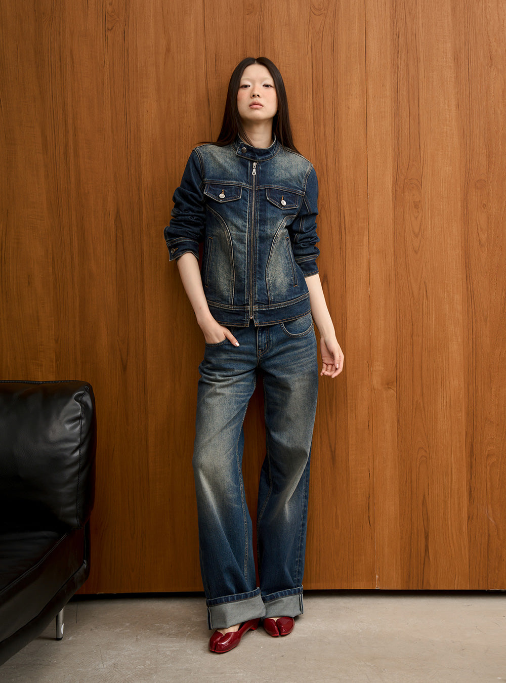 Vintage Wash Stand Collar Denim Jacket