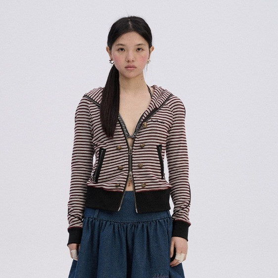 Soft Stretch Cotton Striped Cropped Hooded Zip Up Straight Fit Women Hoodies