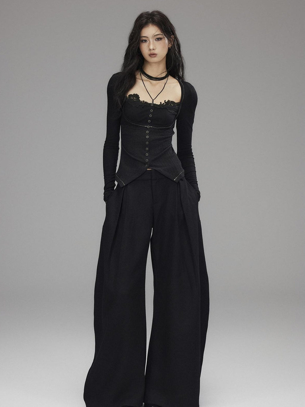 Black Wool Blend Low Rise Zipper Casual Straight Hem Women Wide Leg Pants