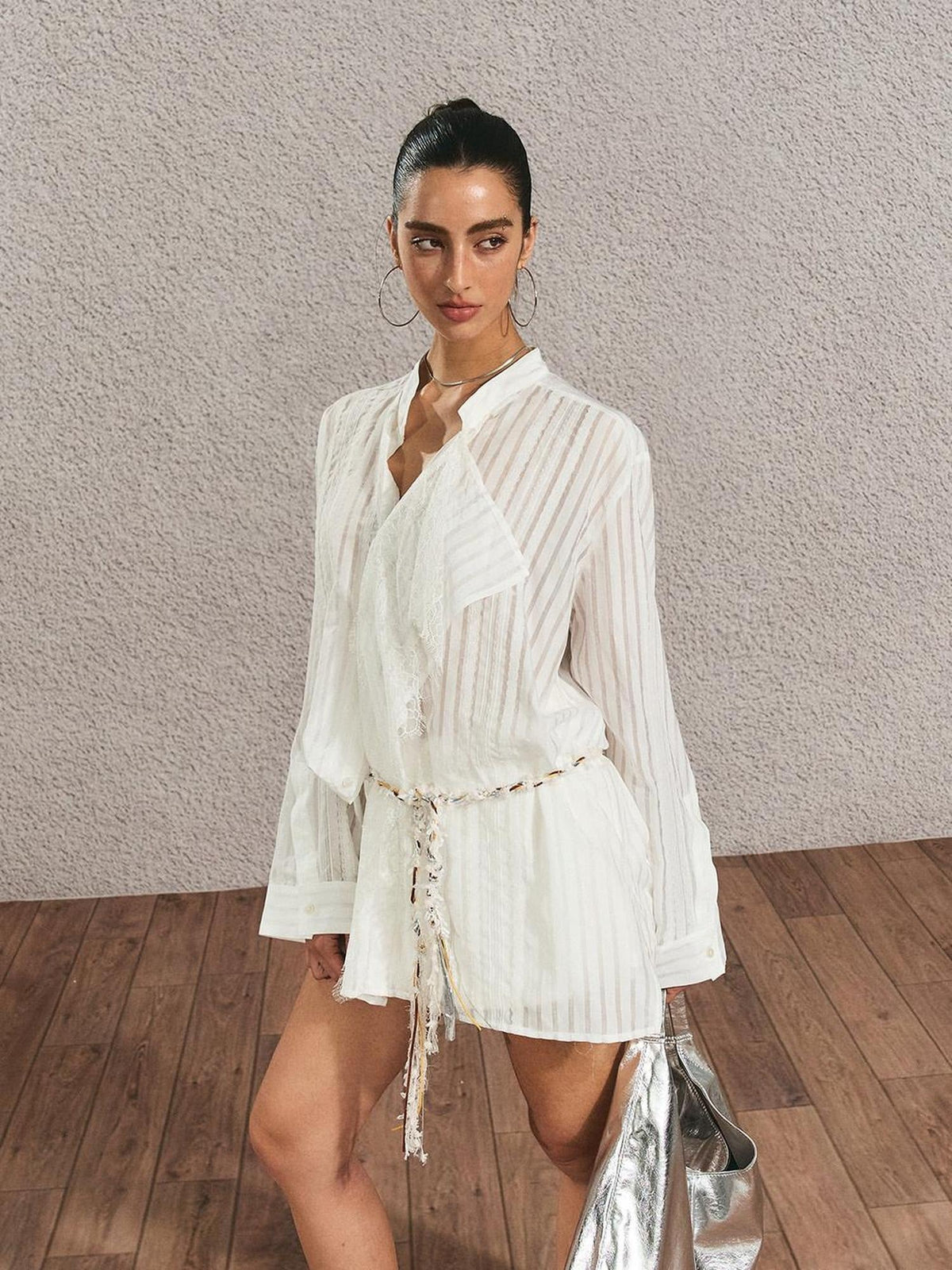 Breathable French Slim Button Stripe Open Cardigan Waist Tie Women Shirts