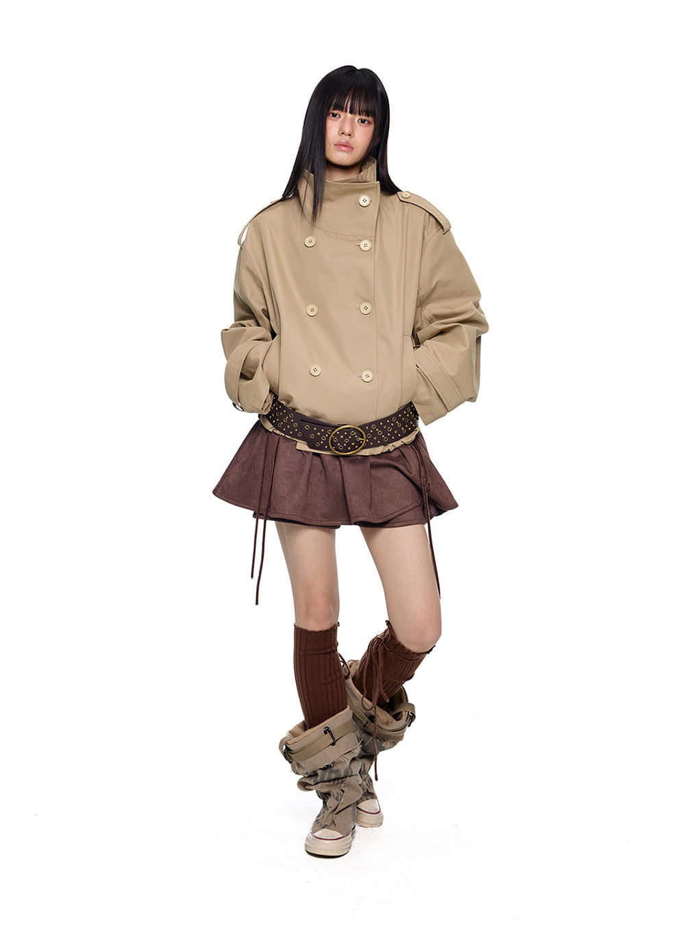 Studded Drawstring Layered Mini Skirt