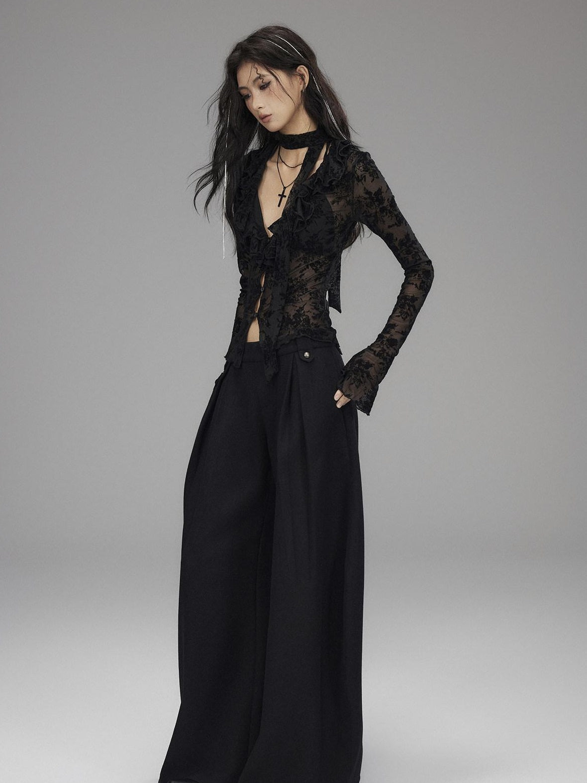 Black Wool Blend Low Rise Zipper Casual Straight Hem Women Wide Leg Pants