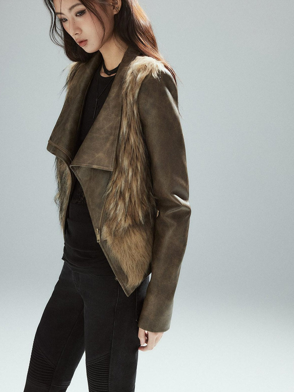 Thick Waist Cinch Patchwork Street Style Women Brown Zipper Lapel Cropped Jackets