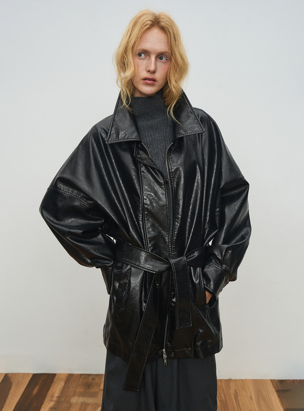 Glossy Black Belted Long Leather Coat