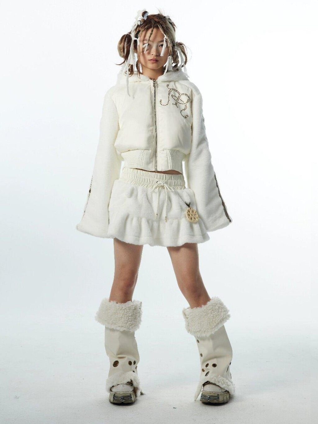Original Design Thick Faux Fleece Loose Cropped Bell Sleeve Unisex White Hoodie