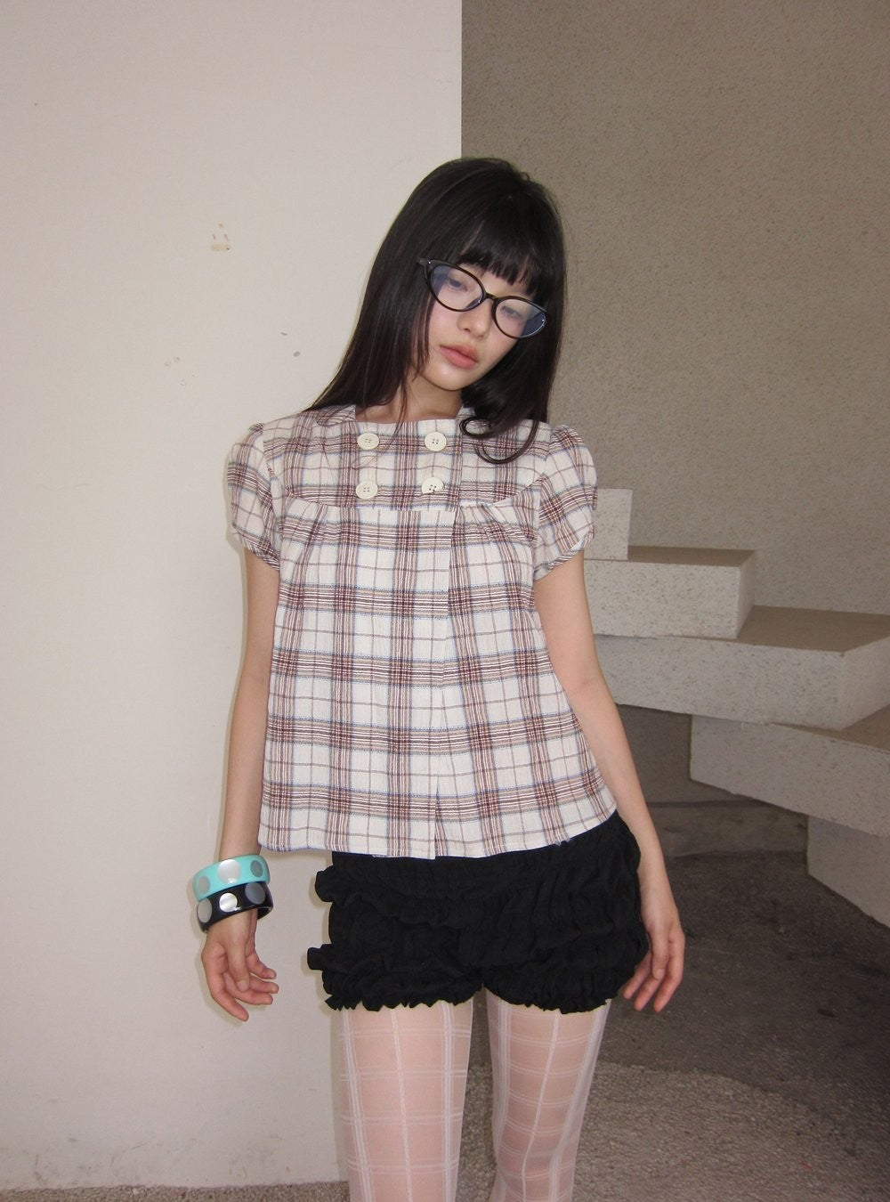 Plaid Double Button Top