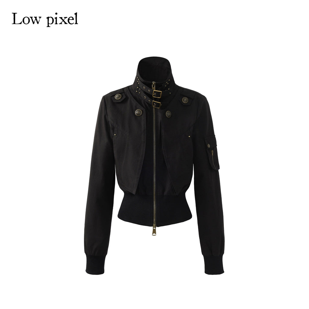 Slim Waist Dark Gothic Cotton Zip Stand Collar Long Sleeve Women Cropped Jackets