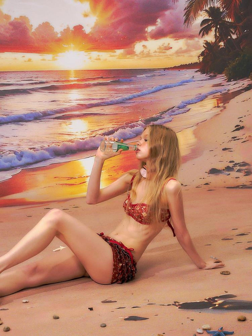 Red Ruffled Layered Skirt Shorts Casual Polyester Two Piece Women Bikini