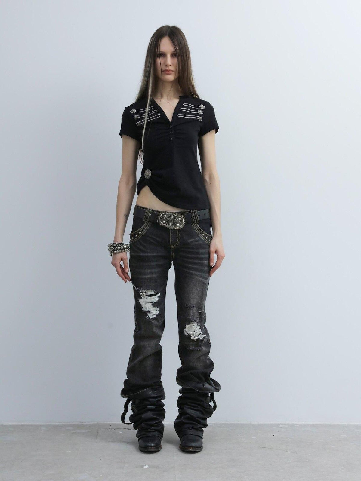Dark Wash Whisker Distressed Ripped Low Rise Women'S Cotton Straight-Leg Jeans